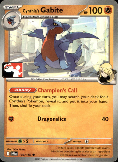 Cynthia's Gabite 103/182 Common Prize Pack Series Cards NM/M